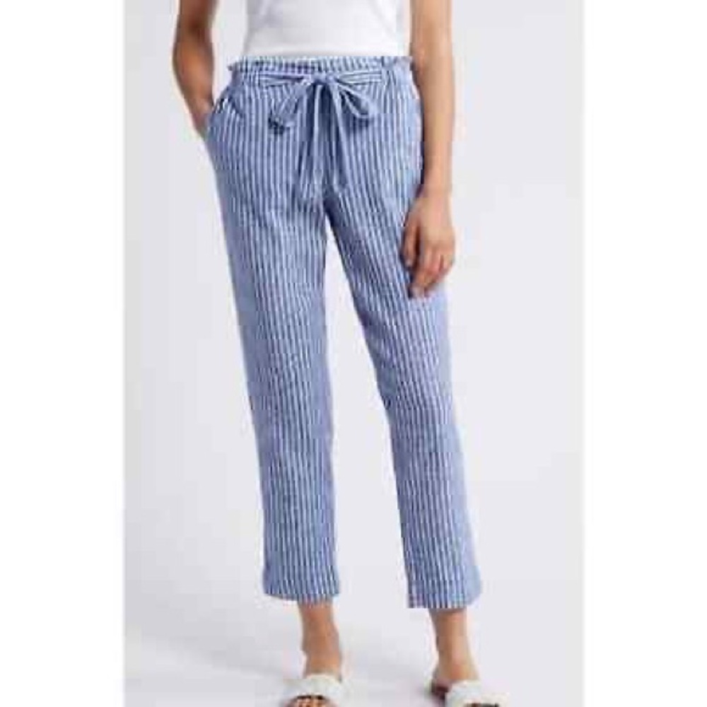 Beachlunchlounge Giavanna Blue White Pinstripe Tapered Paper Bag Linen Pants Sm